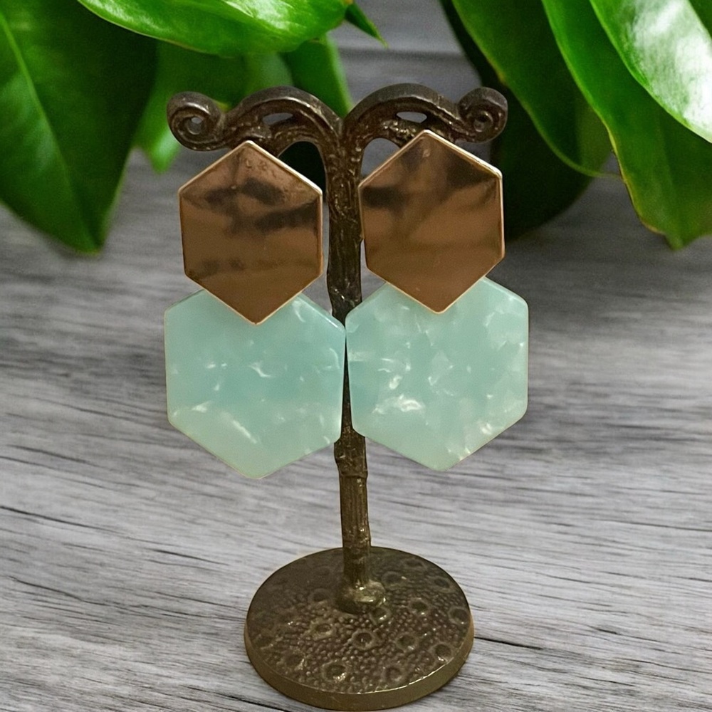 Gold Tone Blue Acrylic Earrings